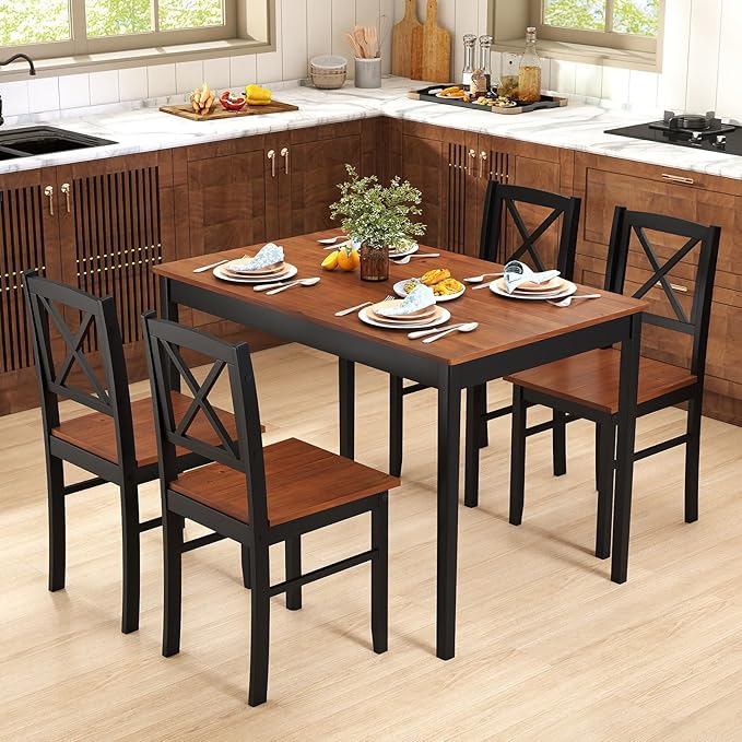 Tangkula 5-Piece Mid-Century Modern Dining Table Set for 4, Wooden Kitchen Table and Chairs, Compact Rubber Wood Dining Room Set for Small Spaces, Kitchen & Living Room