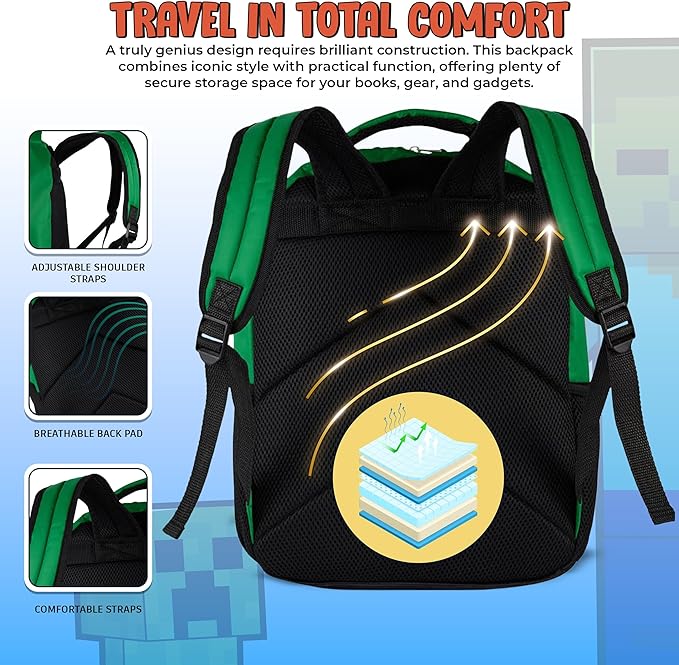 AI ACCESSORY INNOVATIONS Minecraft Backpack for Boys & Girls, Big Face Creeper School Bag with Front Pocket, TNT Rubber Molded Dangle, Green