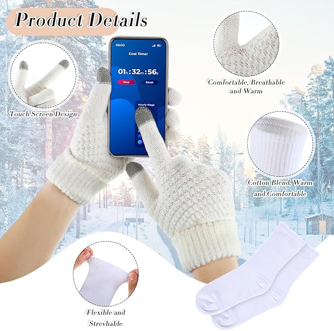 SATINIOR 5 Pcs Winter Hat Scarf Gloves Set Fleece Warm Lined Knit Beanie Hat Touch Screen Earmuff Gloves Warmer for Women(White,Rhombus Pattern)
