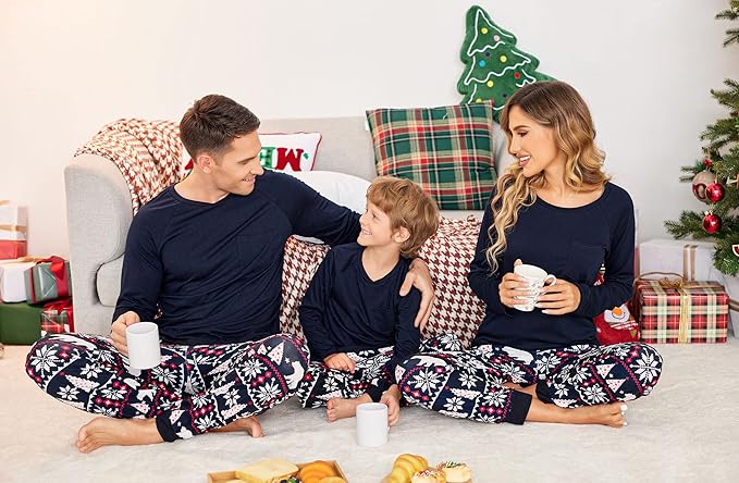 Ekouaer Family Matching Pajamas Christmas Sleepwear Long Sleeve Sleep Shirt with Plaid Pants Soft Loungewear Pjs Set S-XXL