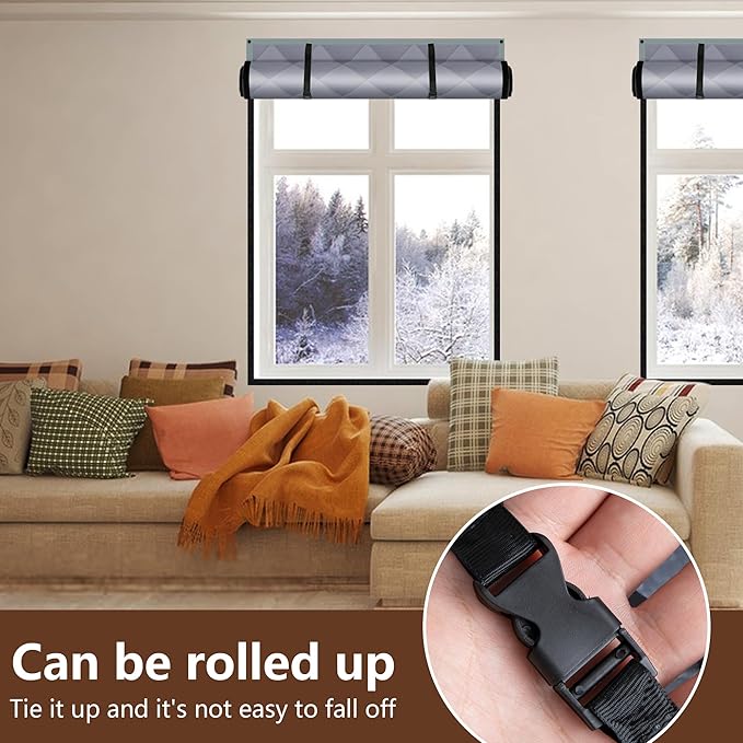 3 Layer 63 x 47 Inches Winter Insulated Window Curtain-Oxford Thermal Insulated Window Blanket with Fastener-Gray Window Insulation Kit for Winter Keeping Warm