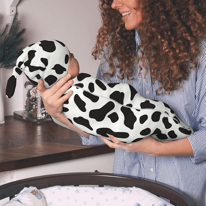 Newborn Swaddle Blankets and Hat Set Soft Cotton Baby Swaddle Wrap Warm Infant Receiving Blanket Cow Print-2