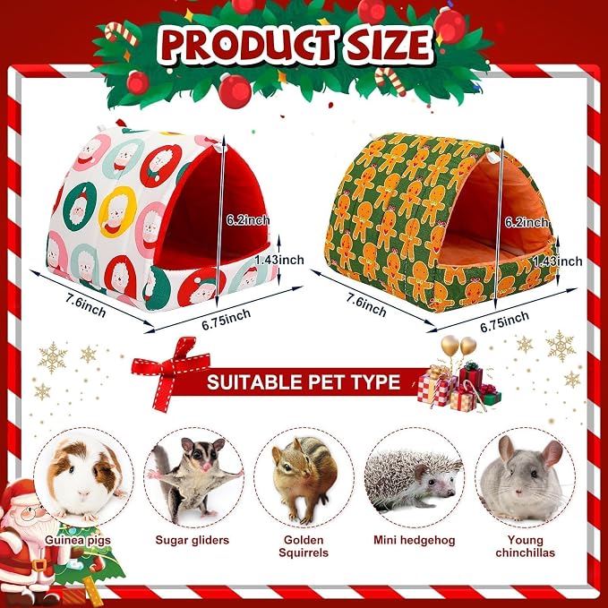 UPINS 2 Pack Christmas Guinea Pig Hideout,Guinea Pig Bed | Washable Small Animal House Cage Accessories,for Chinchillas Hamsters Hedgehogs Ferrets Bearded Dragons and Rats