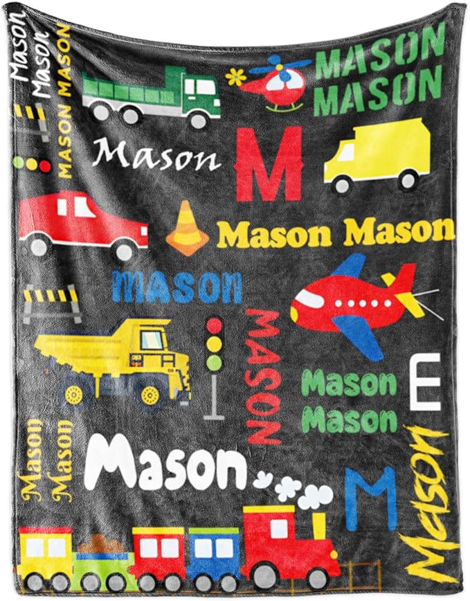Personalized Blanket with Name for Boys, City Car Transport Custom Name Blanket, Soft Flannel Toddler Blankets Customized Gift for Newborn Baby Shower Birthday-30 x40