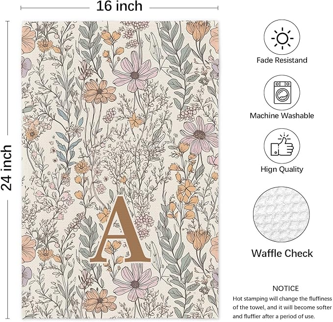 Initial A Personalized Floral Kitchen Towels Dish Towel, Custom Hand Towels for Bathroom, Monogrammed Gifts for Women Mom, Boho Floral Decorative Kitchen Towels Tea Towel, 16x24 Inch