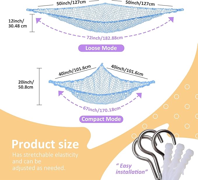 Stuffed Animal Net Hammock for Plushie Toys, Stuffed Animal Hammock Corner for Kids' Room Decor, Ideas for Organizing Stuffy Collection, 1 Pack, Blue
