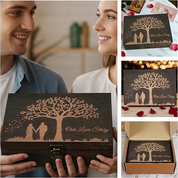 Engraved Wedding Memory Box – Wooden Keepsake Box for Bride & Groom, Marriage Vows, or First Anniversary – Medium Size – Dark Walnut – 8.5 x 6 x 3 in