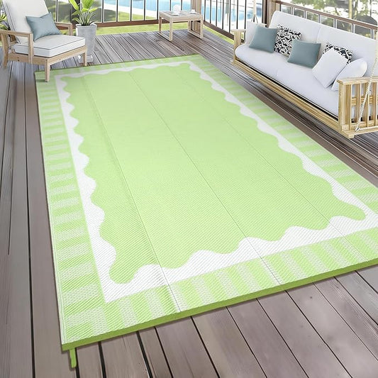 9x12 Outdoor Rug Waterproof Foldable Plastic Straw Carpet for Patio Porch Scalloped Border Reversible Mat Lightweight Floor Mat for Picnic, Rv, Beach, Deck, Camper, Balcony，Light Green
