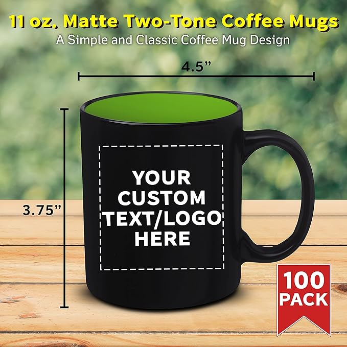 DISCOUNT PROMOS 100 Matte Two-Tone Coffee Mugs Set, 11 oz. - Customizable Text, Logo - Stoneware, Drinkware, Durable, C-handle - Lime Green