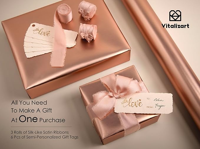Vitalizart Pink Matte Metallic Wrapping Paper Set 30" With Silk Satin Ribbon & Gift Tags Christmas Gift Wrapping Birthday Baby Shower Wedding Bouquets Handmade Crafts 197"(16.4 Ft) Pink Ribbon