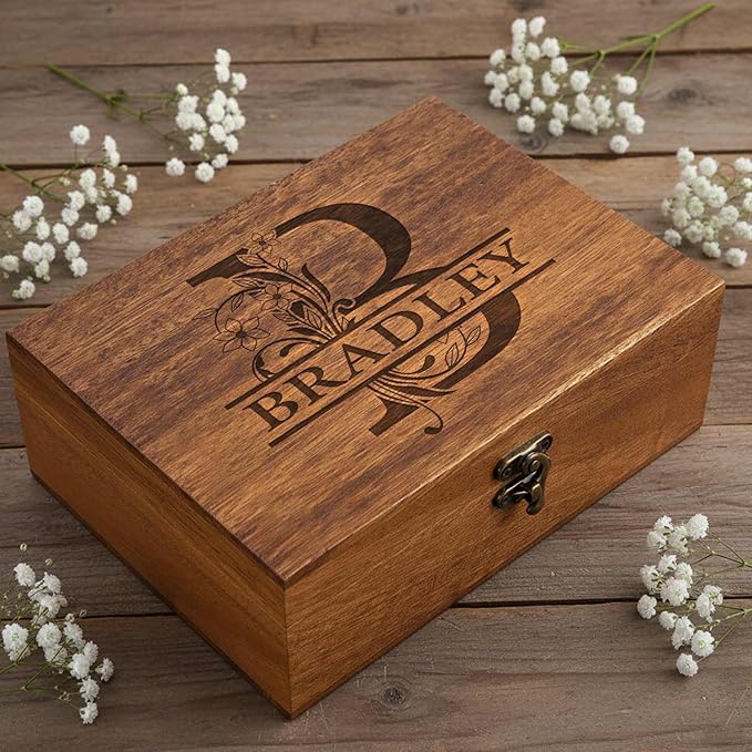 Personalized Walnut/Pine Wooden Keepsake Box 8 * 10 * 3.4 in, Custom Engraved Family Memory Wooden Box, Large Walnut with Initials Story Storage Boxes, Personalized Name Decorative Boxes