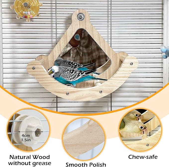 Rocking Bird Perch Toy with Mirror for Cage, Enrichment Parakeet Toys | Wood Exercise Wheel Cockatiel Toys, Birds Enrichment Toy for Parrot, Interactive Cage Accessories Perch for Budgie Conure