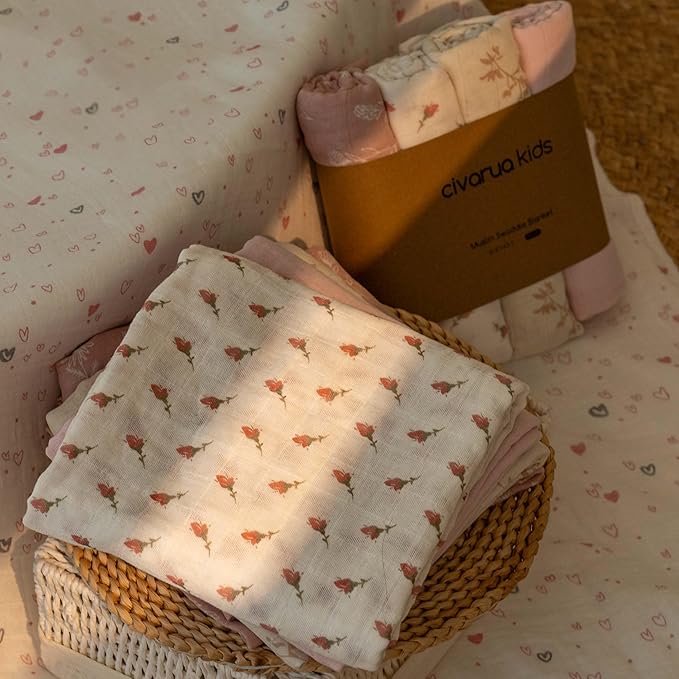 Muslin Swaddle Blankets for Newborn, 4 Pack Organic Cotton Baby Blankets for Girls, Large 31.5 x 43.3 Breathable Soft Receiving Blanket, Essentials Swaddle Wrap Burping Clothes, Flowers