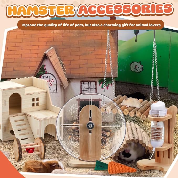 18 Pcs Hamster Accessories for Cages 10 Kinds Hamster Toys Set | Silent Hamster Wheel Maze Wood House Water Bottle Set for Rat Mice Small Animals Habitat Decor Enrichment(Mixed Play Style)