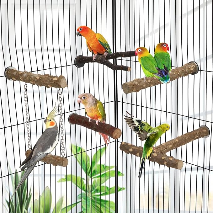 Hypeety Natural Wood Bird Perch for Parakeets Bird Chew Stands for Cage | Natural wood, anti-slip, with hanging swing, fork and T shaped perch, easy to install, suitable for parakeet/cockatiel, 5pcs