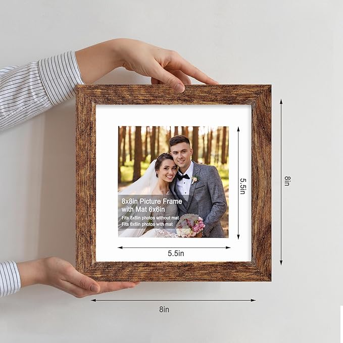 8x8 Picture Frames Set of 4, Made of Glass and Rustic Brown Wooden Frame - Display Picture 6x6 with Mat or 8 x 8 Without Mat, 8 by 8 Photo for Wall or Tabletop