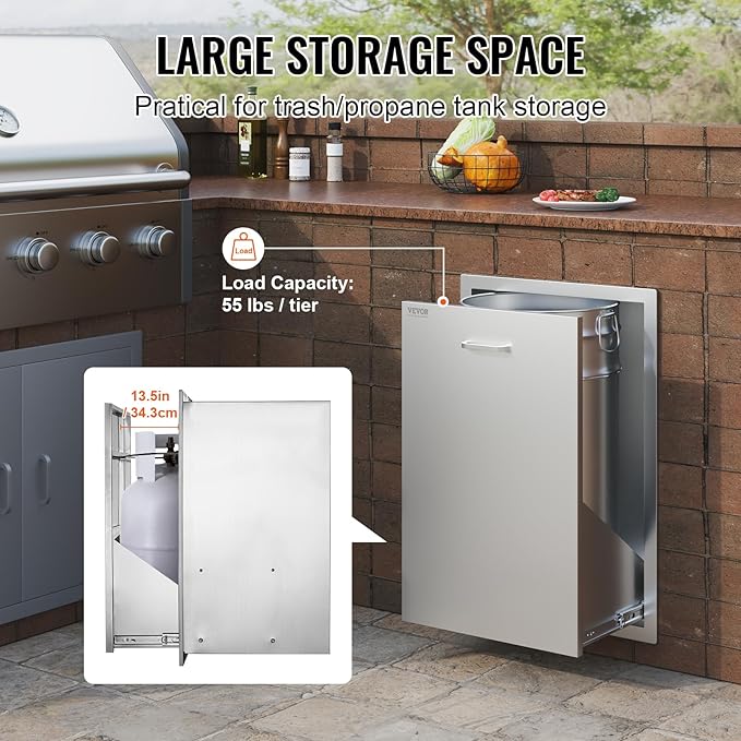 VEVOR Outdoor Kitchen Trash Drawer, 19.7"W x 29"H x 15.7"D Inch, Outdoor Kitchen Drawers Cabinets, Stainless Steel BBQ Island Drawers, Trash Pull Out Drawer, BBQ Trash Bin, Outdoor Grill Drawers