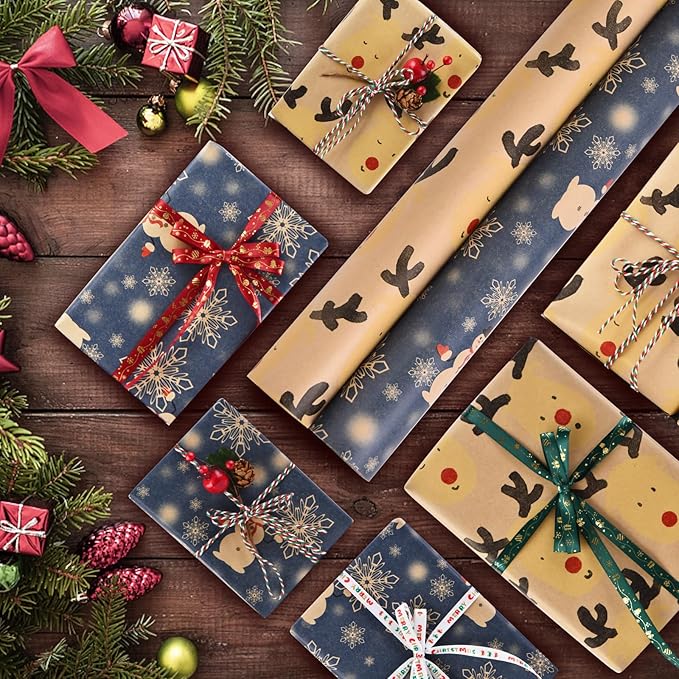 AhfuLife 2 Rolls Christmas Wrapping Paper - 17 Inch × 49.2 Feet Per Roll, Recyclable Kraft Xmas Wrapping Paper Roll for Kids Christmas Gift Box Birthday Party Decoration -138 sq. ft. ttl (L: Blue Snowman/Reindeers)