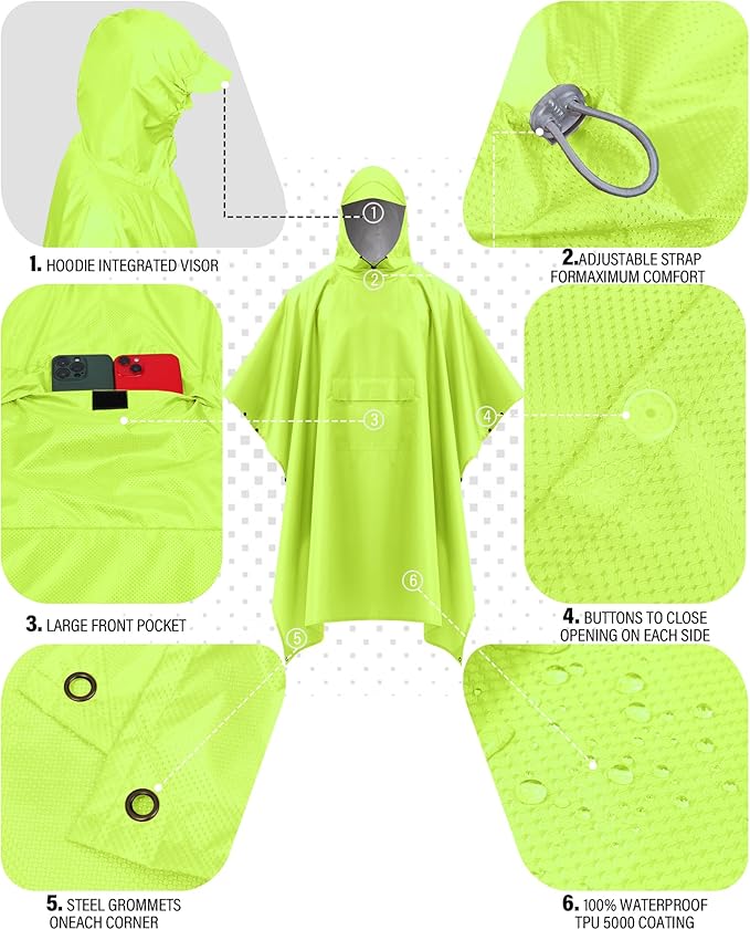 iCreek Hooded Rain Poncho Packable Unisex Raincoat Jacket with Pocket Waterproof Lightweight for Hiking, Camping, Outdoor
