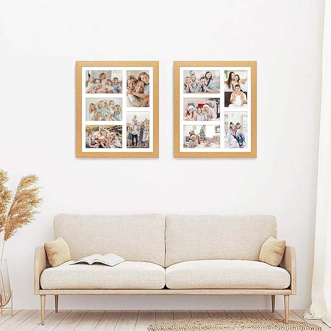 11x13 Collage frame with 5 Openings 4X6 Pictures, Multiple Picture Frame with Mat, Wall or Tabletop Decor, Natural Wood Grain,2 Pack