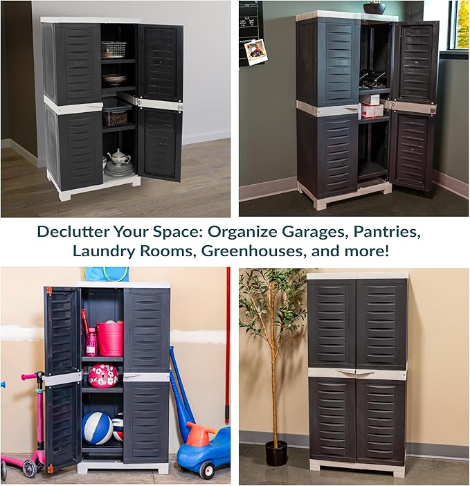 Sunnydaze 48" H Resin Garage Storage Cabinet - Garage Cabinet with Lockable Doors and 3 Adjustable Shelves - Freestanding Utility Storage for Laundry Room, Office, Basement - Charcoal