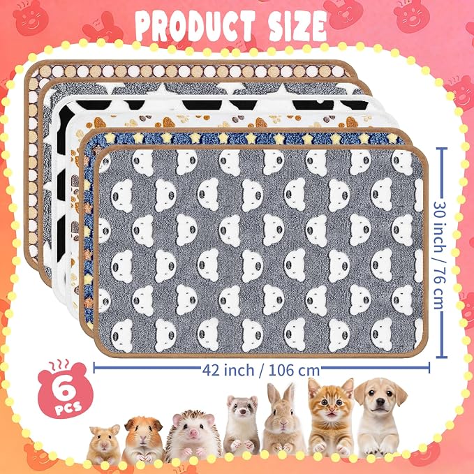 Eilyliafe 6 Pcs Guinea Pig Blankets Bedding Small Animal Cage Liners Sleep Mat Absorbent Reusable Pet Pee Bedding Pad Cover for Hamster Ferret Chinchilla Rabbit Hedgehog (30 x 42 Inch)