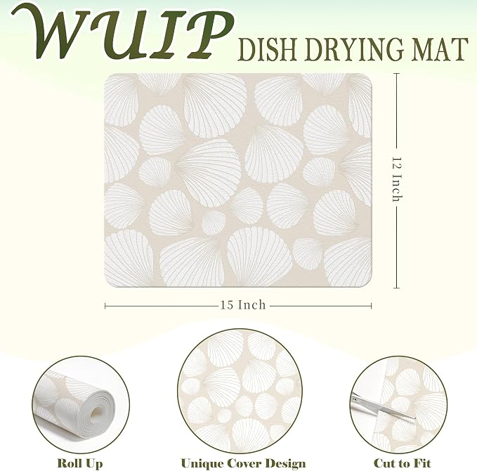 Seashell Dish Drying Mats for Kitchen Counter, Beach Lover Gifts, Neutral Coastal Beach Absorbent Reversible Coffee Bar Mat Drying Pad for Kitchen Decor, 12x15 Inch