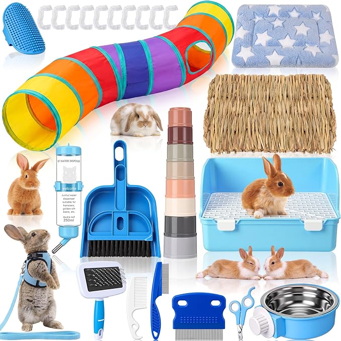 34 Pcs Rabbit Starter Kit Rabbit Litter Box Small Animal Water Bottle Cups Bunny Tunnels Animal Grooming Kit Bowl Blanket with Cleaning Set for Guinea Pig Bunny(Style 3,Light Blue)