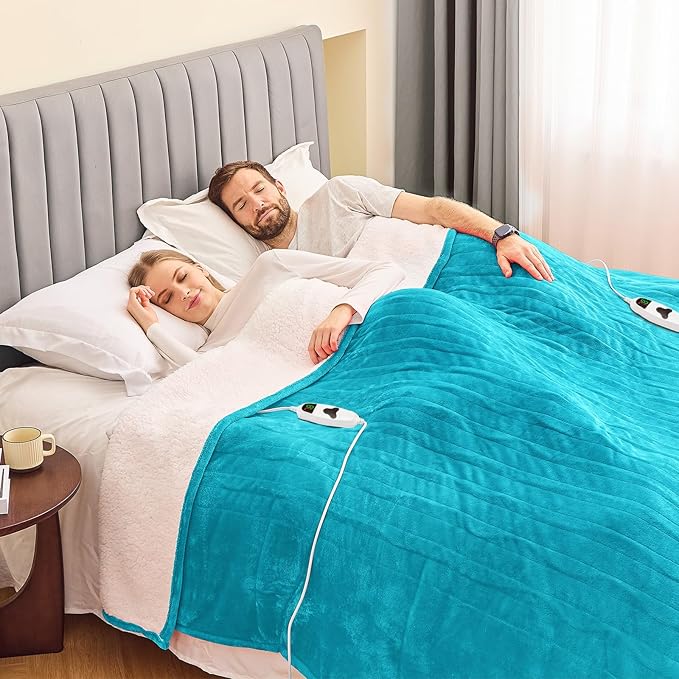 greenoak Heated Blanket Electric King Size 100"X90" Dual Control, Heating Blanket with 10 Levels 1/2/4/6/8 Hours Auto-Off, Soft Sherpa Christmas Blanket,Aqua Green