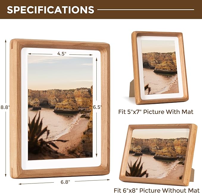 6x8 Picture Frame USA-Sourced Natural Cherry Wood Solid Original Wood Photo Frame Rounded Corner with Mat to 5x7 Picture Display with Real Glass Family Picture, Wedding Picture, Photo, Certificate