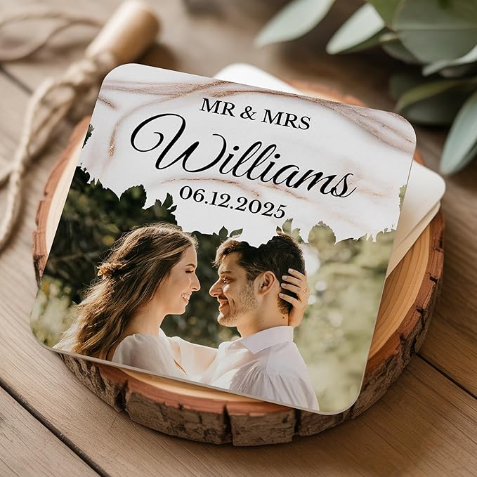 20 Pack Personalized Wedding Coasters, Custom Cardboard Coasters for Drinks with Photo Print and Text, Keepsake Wedding Favors and Gifts for Couples, 4x4 Square, Design 6