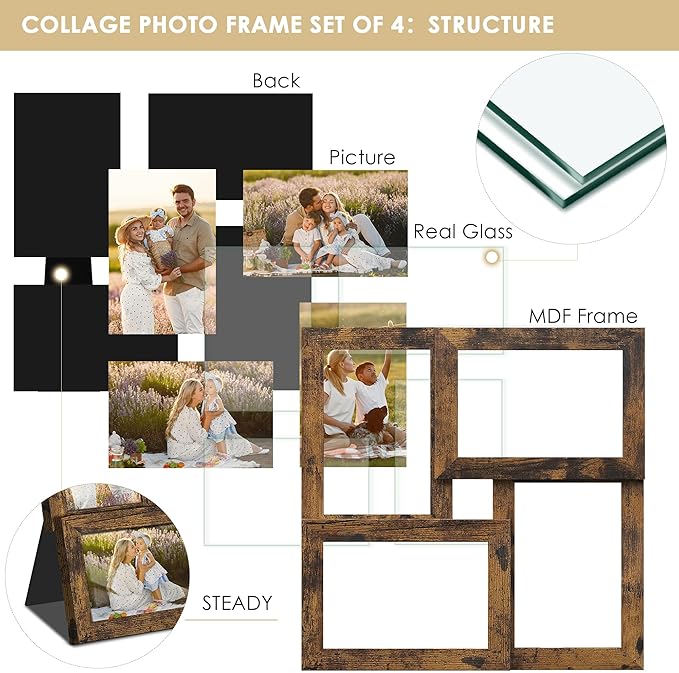 4x6 Collage Picture Frame Tempered Glass Front, Displays Four 4x6 Photo, Family Photo Collage Frame, Wall Decor Wall Hanging or Tabletop, Brown