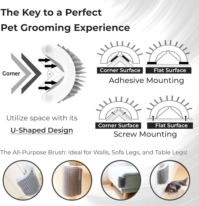 SunGrow Self-Grooming Brush for Cats, Light Gray Self Massager, Mountable to Corners and Flat Surfaces, Includes Brush, Catnip, Screws and Adhesive Tape, 1-pc