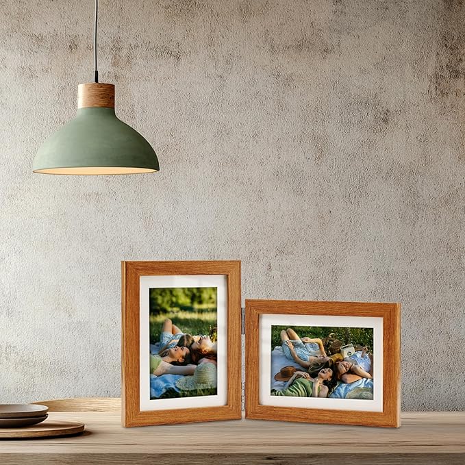 Double Hinged 5x7 Picture Frame with Tempered Glass-Tabletop or Wall Mounted, Display for 4x6 & 5x7 Photos (with/without Mat)-Rustic Brown, For Family Photos & Wedding Memories-Z5775