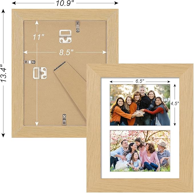 8.5x11 Picture Frame Display 2 opening Double 5x7 Picture Frame Collage,Multi Photo Frame with Mat,Plexiglass,Horizontal and Vertical Formats for Wall Decor,Natural Wood Grain