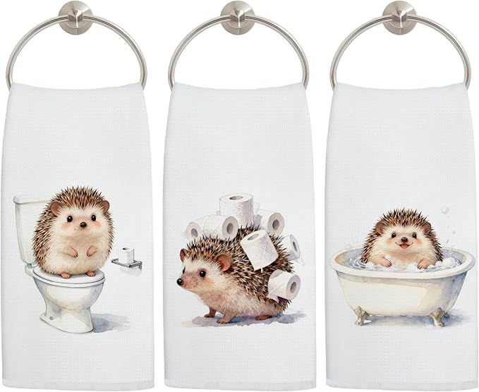 Funny Hedgehog Bathroom Hand Towels, Hedgehog Lover Gifts, Humor Bathing Hedgehogs Animal Decorative Hand Towels for Bathroom Washroom Restroom, 16x24 Inch Set of 3