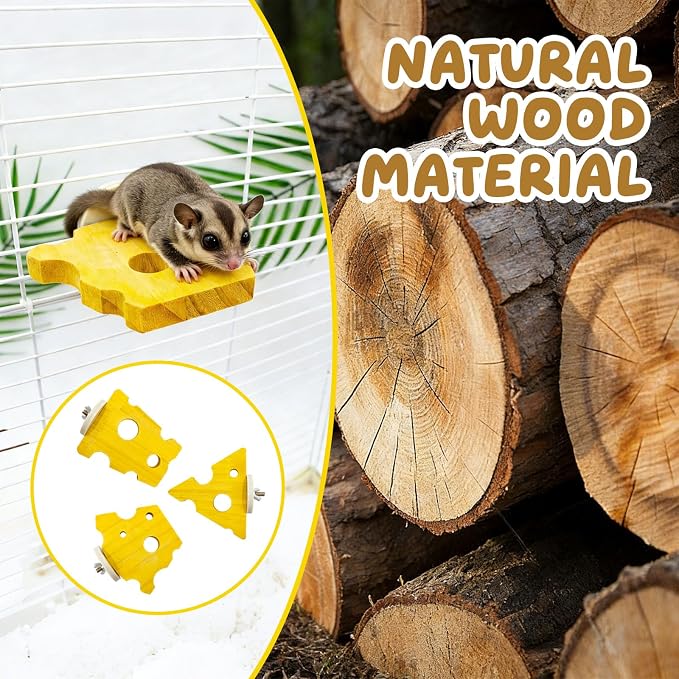 3 Pack Cheese-Themed Wooden Climbing Platforms with Mounting Kit - Multi-Level Cage Accessories for Sugar Gliders, Rats, Squirrels & Small Climbers