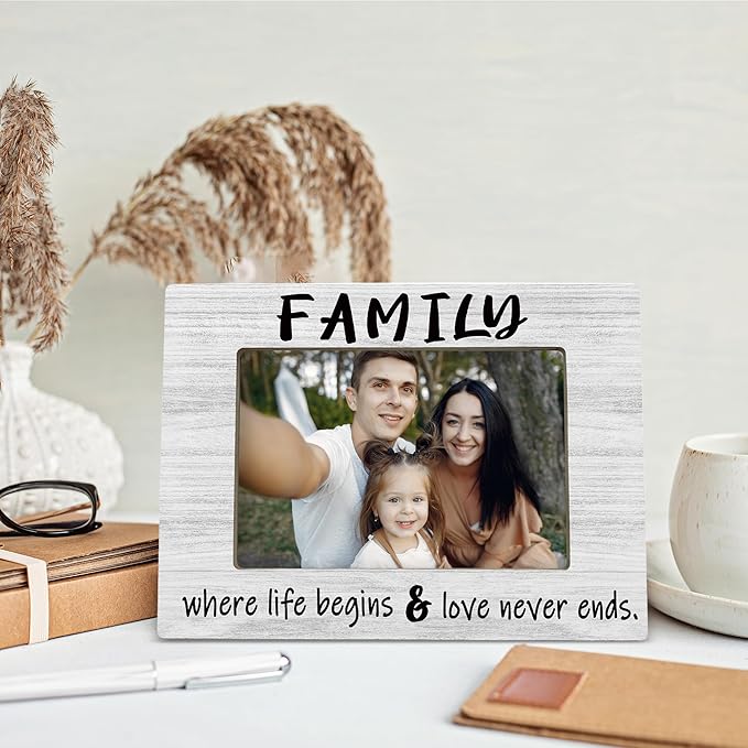 Family 4x6 Picture Frame, Family Reunion Gifts Photo Frame, Where Life Begins Love Never Ends Wooden Picture Frames for Wall or Tabletop Display