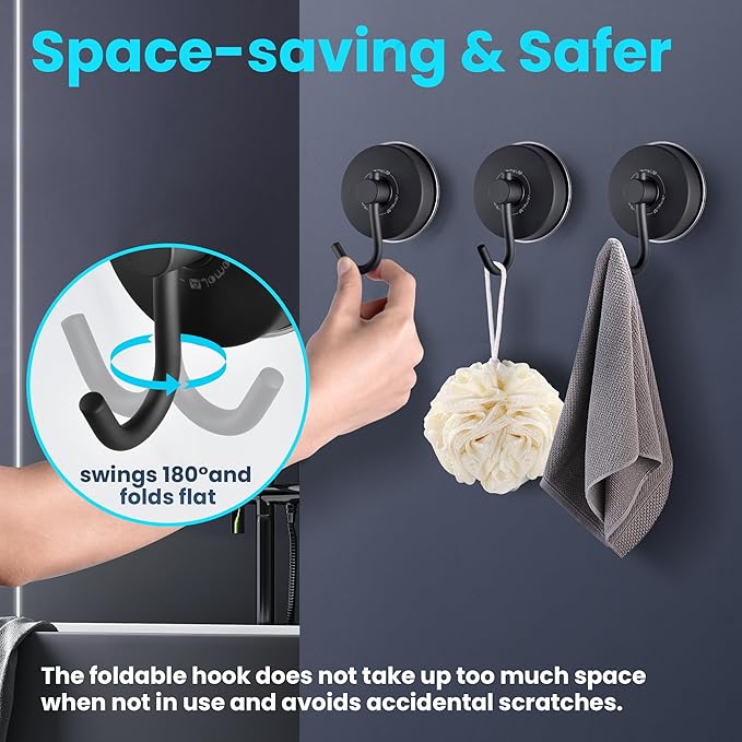 JOMOLA Suction Cup Shower Hook for Inside Shower Towel Hooks with Suction Cup Holder Kitchen Utensil Storage Organizer for Bathroom Towel Hanger Stainless Steel Matte Black, 2PCS