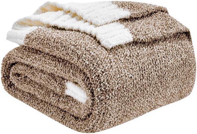 CozeCube Super Soft Fullfy Microfiber Reversible Knitted Blankets, Warm Cozy Fuzzy Plush Throw, Dark Brown and White Melange Throw Blanket for Couch Bed Sofa, 60" x 80"