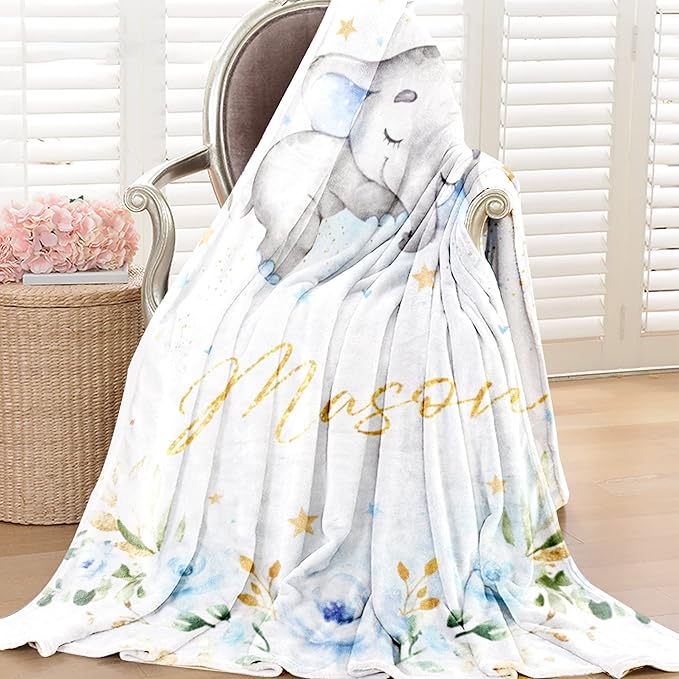 Personalized Elephant Blanket with Name for Boy, Custom Name Blanket for Kids, Soft Flannel Blue Elephant Toddler Blanket Customized Gift for Birthday Christmas Children Day 40x50inch
