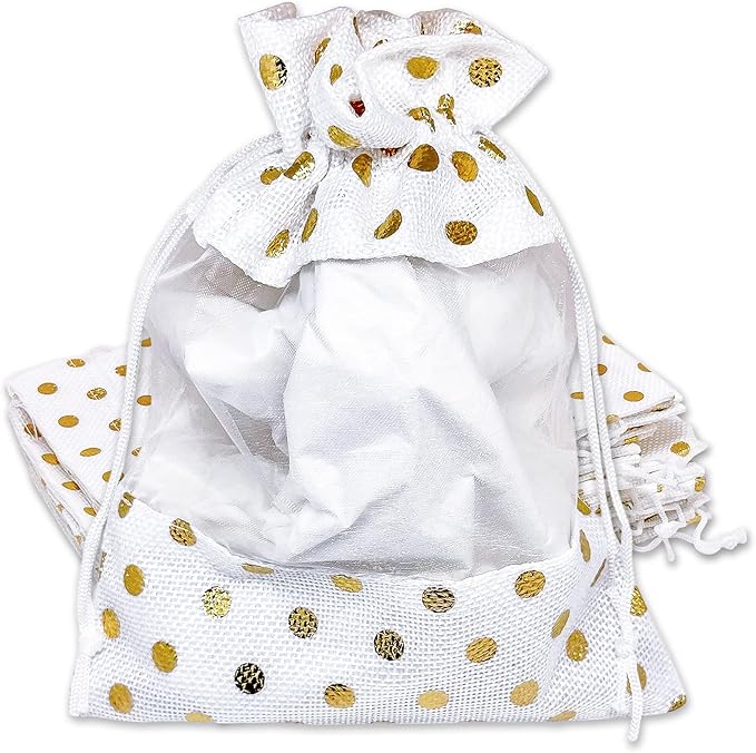 12-Pack Large Linen Burlap & Organza Gift Bags w. Drawstrings (6.5x8.5 in, White/Gold Polka) - Party Favors, Presents, Samples & Treats Mesh Pouch by The Display Guys