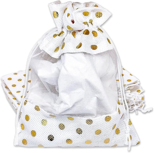 12-Pack Large Linen Burlap & Organza Gift Bags w. Drawstrings (6.5x8.5 in, White/Gold Polka) - Party Favors, Presents, Samples & Treats Mesh Pouch by The Display Guys