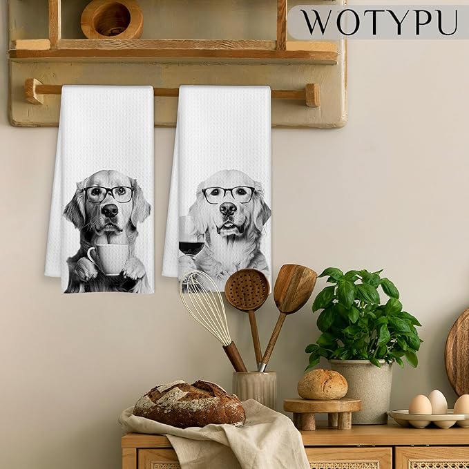 Funny Golden Retriever Kitchen Bar Towels, Golden Retriever Gifts for Women Men, Wine Coffee Lover Gifts Decorative Hand Towels for Kitchen Bar Cart Decor, 16x24 Inch Set of 2
