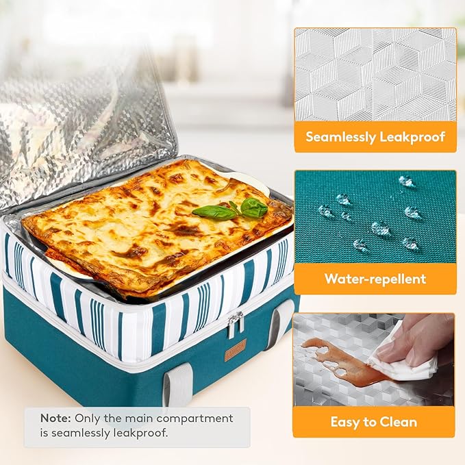 LUNCIA Insulated Double Decker Casserole Carrier, Lasagna Lugger Tote Keeps Food Hot or Cold, Thermal Lunch Bag for Potluck Parties, Picnic and Cookouts, Fits 9" x 13" Baking Dish, Green