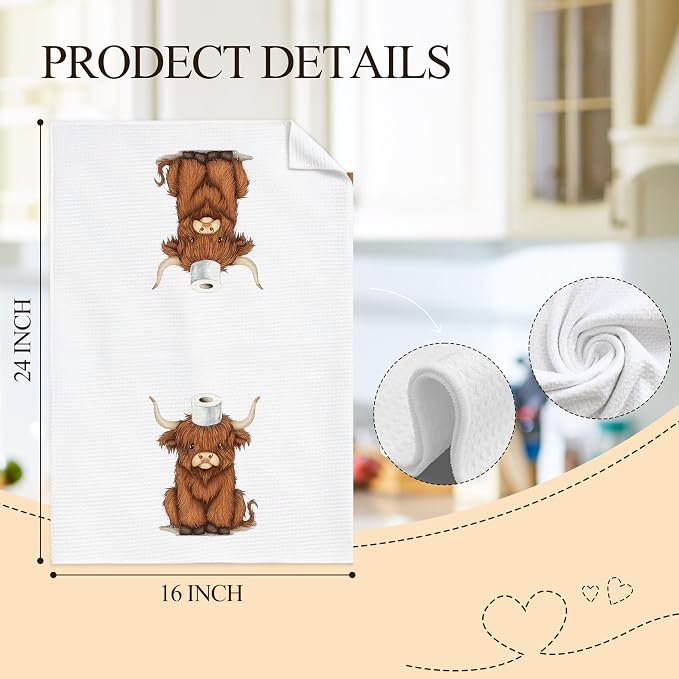 Funny Highland Cow Bathroom Hand Towels, Highland Cow Bathroom Decor, Cute Scottish Cattle Farm Animal Hand Towels for Kids Bath Room Washroom Decor, 16x24 Inch Set of 2