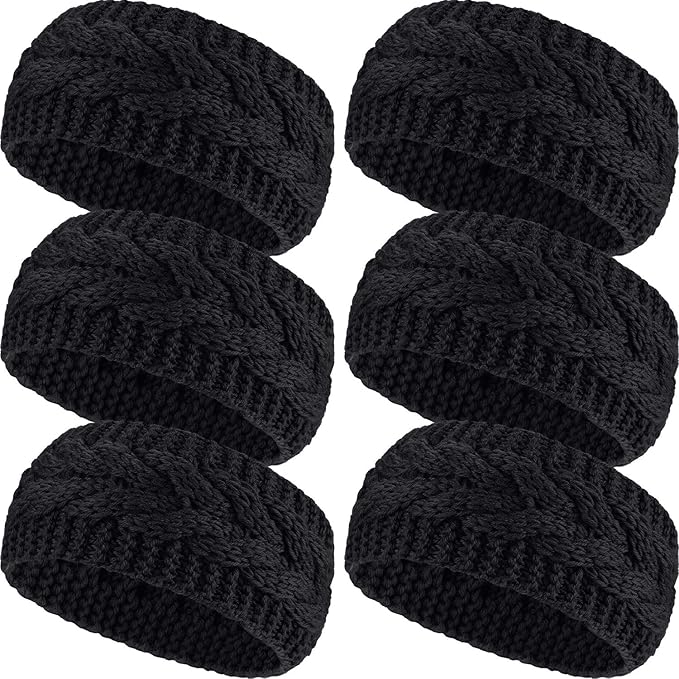 Pangda 6 Pieces Women's Winter Headbands Cable Knitted Headbands Knit Earmuffs Chunky Ear Warmers for Women Girls Wear and Sport (Black)
