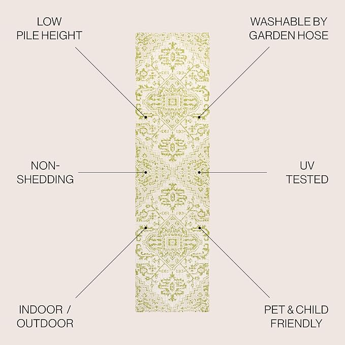 JONATHAN Y Boho Medallion Indoor Outdoor Runner Rug 2X10 Cream/Green, Estrella Textured Weave for Backyard, Patio, Porch, Easy-Cleaning, High Traffic, Pet-Friendly, Non-Shedding (SMB105E-210)