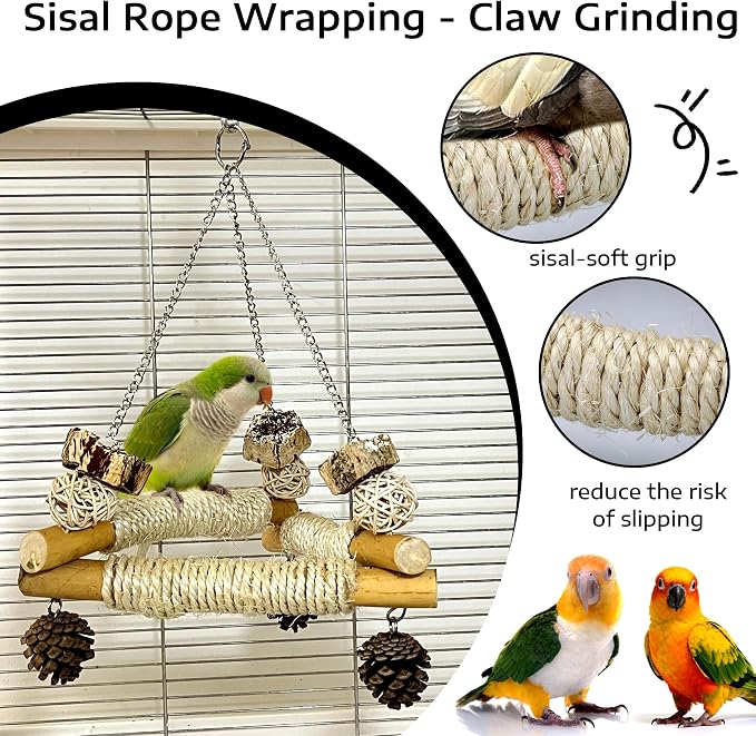 Bird Swing for Cage with Chew Toys, 3 Stable Sisal-Wrapped Perches(L) | Large Stable Triangle Design Perch Swing, Wooden Hanging Quaker Toy for Medium-Sized Bird Ring-Necked Caique Balance Training