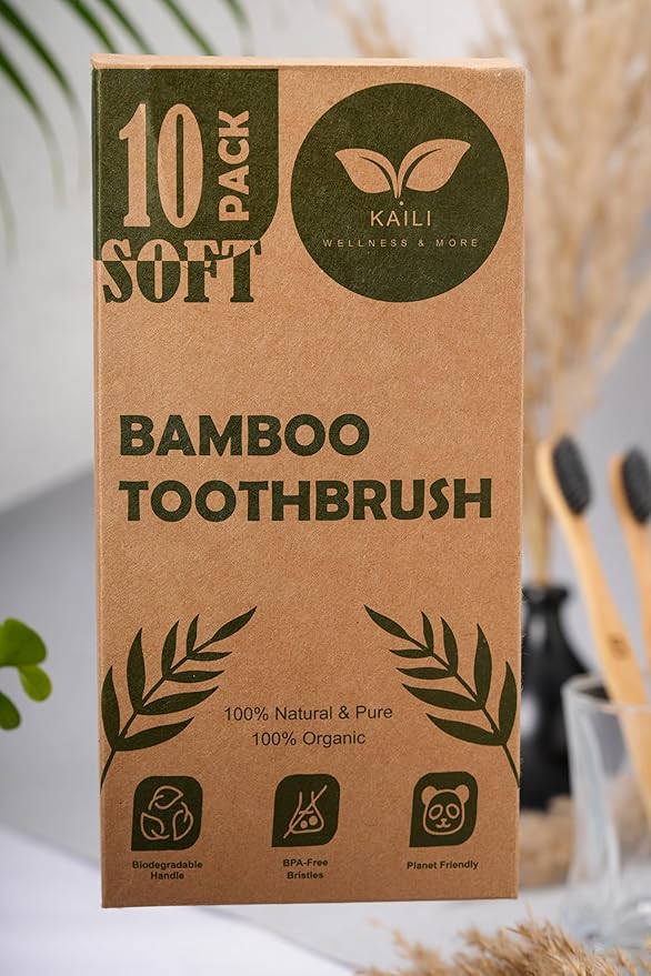 Bamboo Toothbrush 10 Pack, Soft Charcoal-Infused Bristles, Biodegradable, BPA-Free, Eco-Friendly, Sustainable, Natural, Organic and Pure Wooden Toothbrush by Kaili Wellness and More